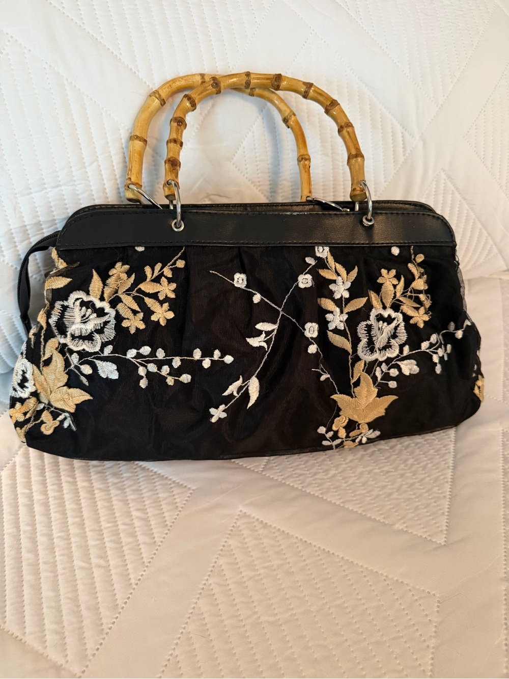 Black Embroidered faux Bamboo-Handle Handbag
